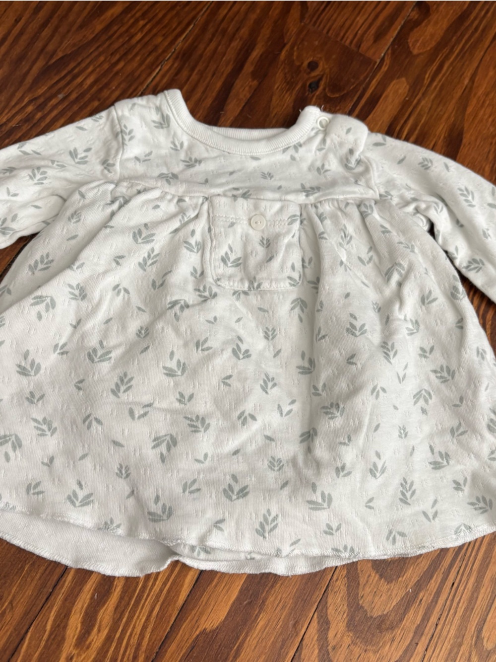 Oliver & Rain Soft White Baby Dress with Pale Sage Leaf Print Organic Cotton NB